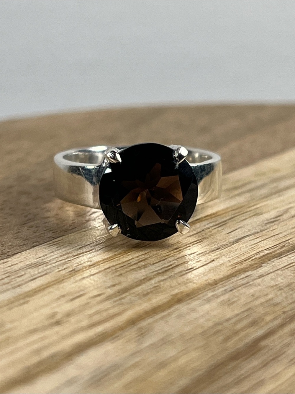 Solid Sterling Silver 925 Smokey Quartz Prong Set Gemstone Ring Size 5.75